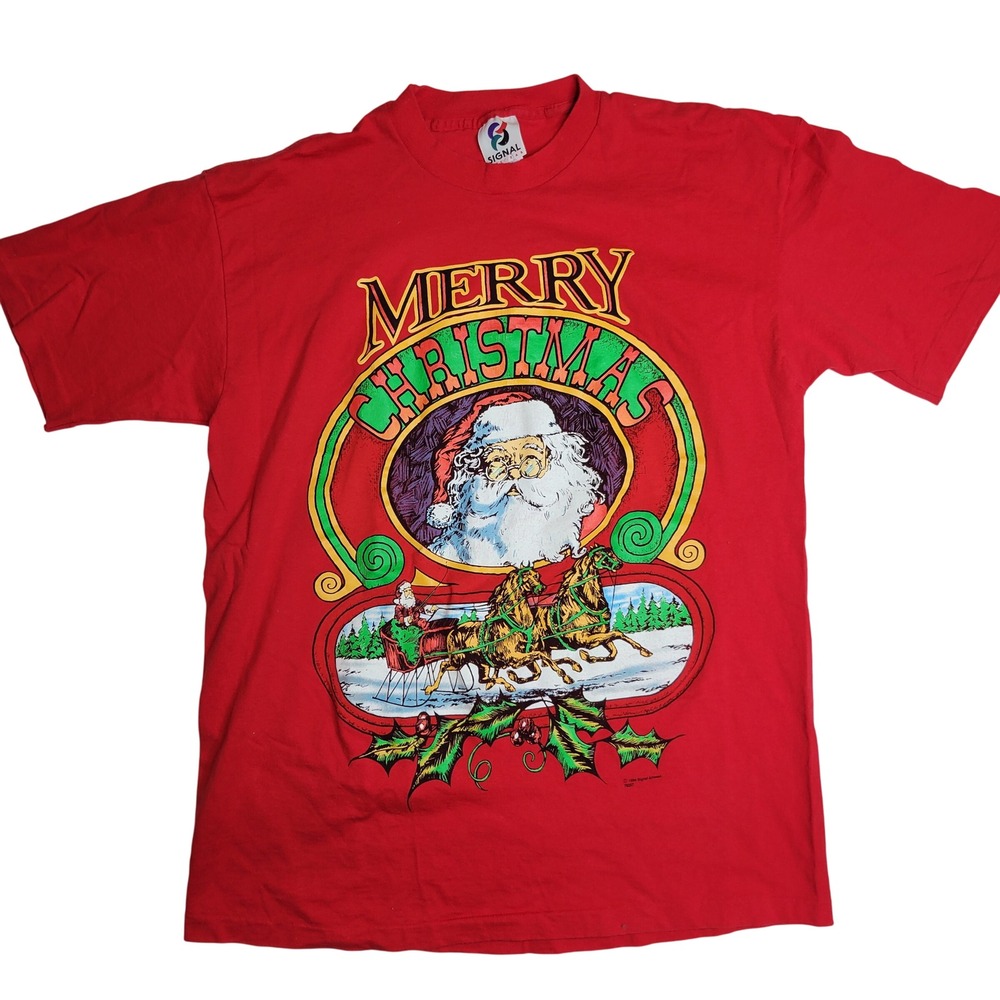 1994 Signal Artwear Merry Christmas Santa Claus Reindeer Sleigh Red T Shirt‎ L